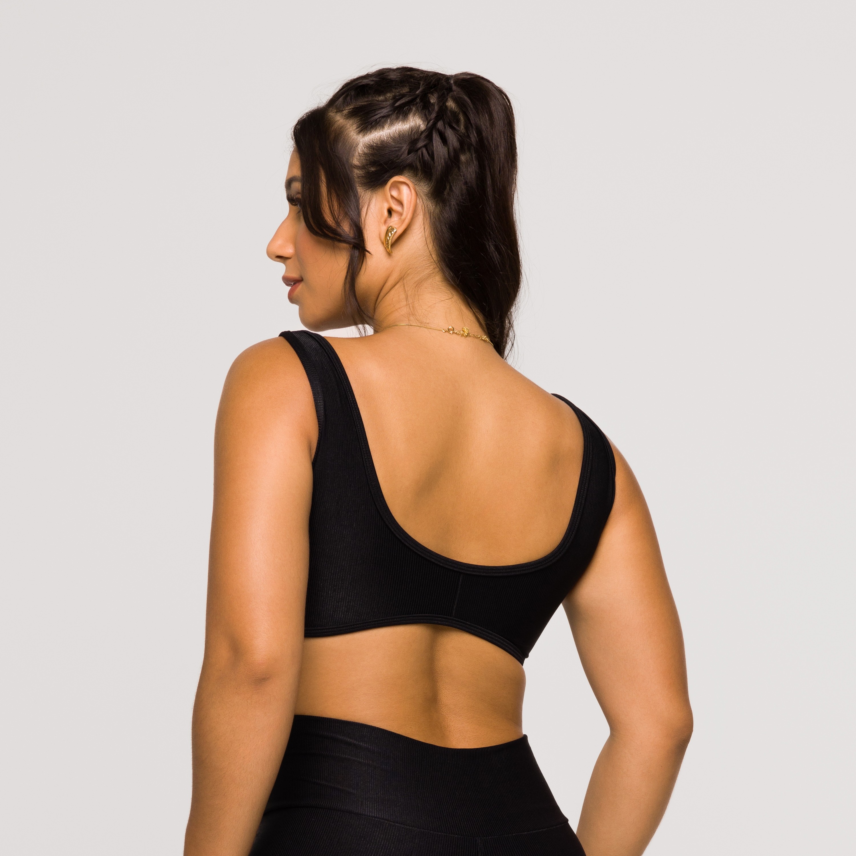 Top Fitness Feminino Academia Poliamida Arco Costas Aberta Preto Lot