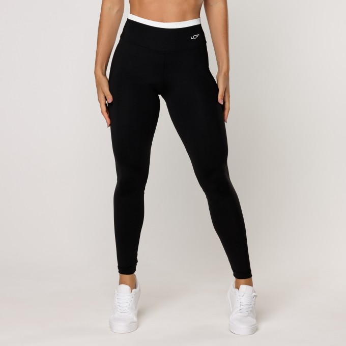 Calça Legging Preta com cós Branco Fitness Poliamida