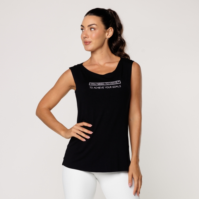 Regata Fitness Viscolycra Preta Soltinha Feminina Estampada