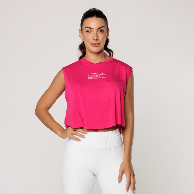 Cropped Arredondado Fitness Viscolycra Academia Rosa Estampada