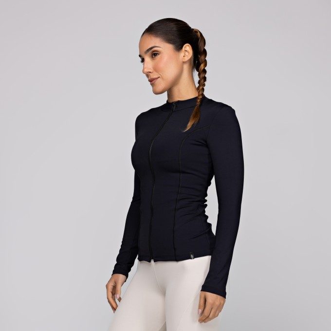 Casaco Feminino Academia Fitness Poliamida Pilates com Zíper Preto