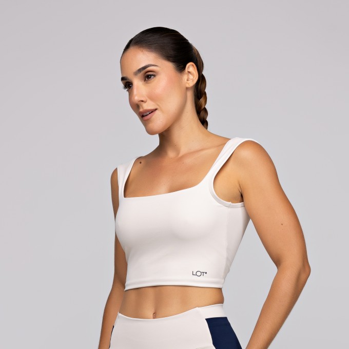 Top Academia Areia Com Decote Quadrado Alça Larga Poliamida