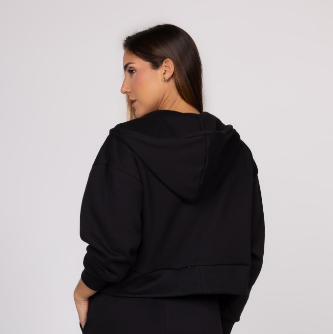 Casaco de Moletom Preto Feminino Zíper Destacável Bolso Canguru