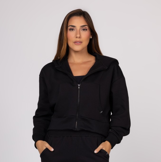 Casaco de Moletom Preto Feminino Zíper Destacável Bolso Canguru