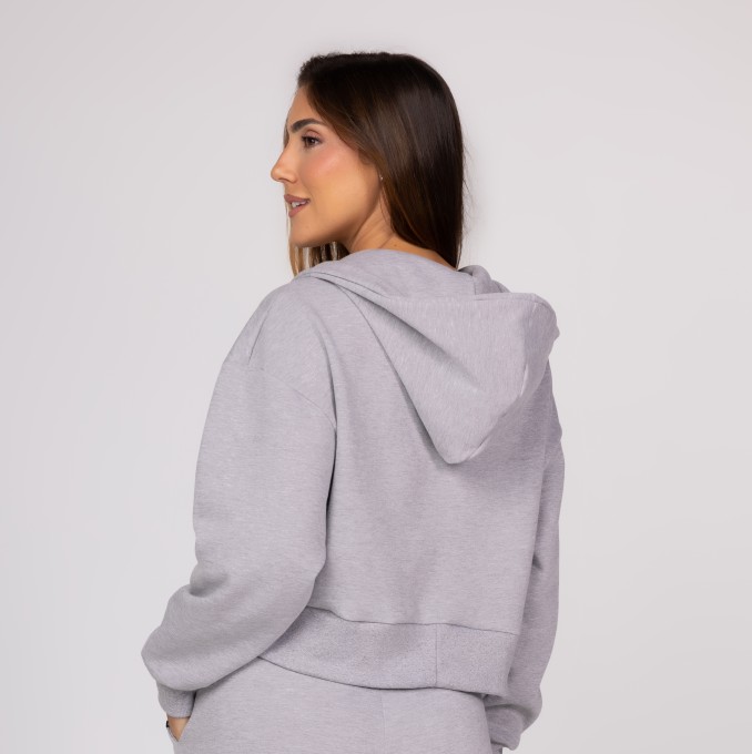 Casaco de Moletom Mescla Feminino Zíper Destacável Bolso Canguru