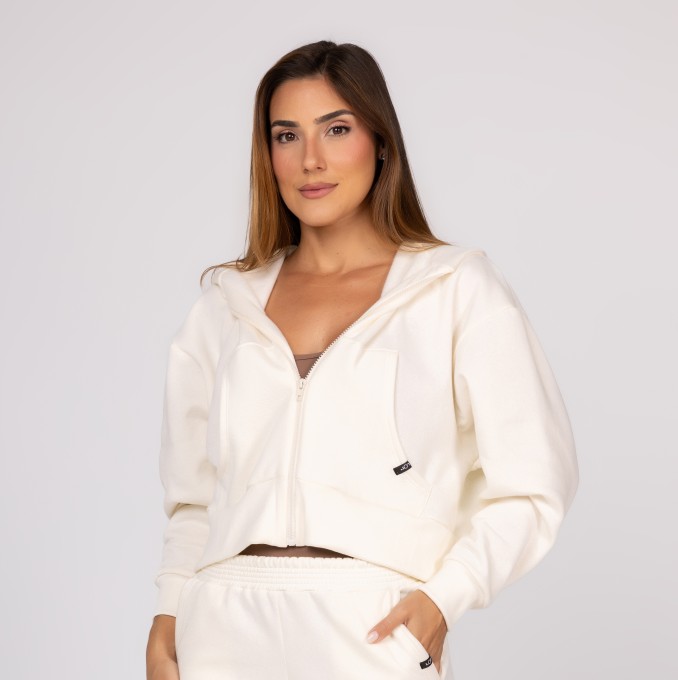 Casaco de Moletom Off White Feminino Zíper Destacável Bolso Canguru
