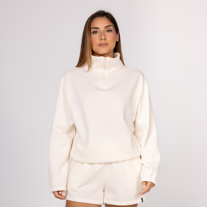 Casaco de Moletom Off White Feminino Fechado Zíper Curto