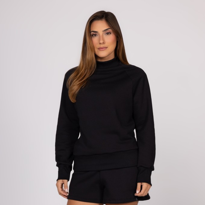 Casaco de Moletom Preto Feminino Gola Canelada