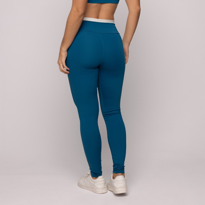 Calça Legging Azul Precioso com Cós Off White Fitness Poliamida