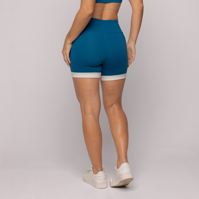 Short Azul Precioso com Recorte Off White Fitness Poliamida
