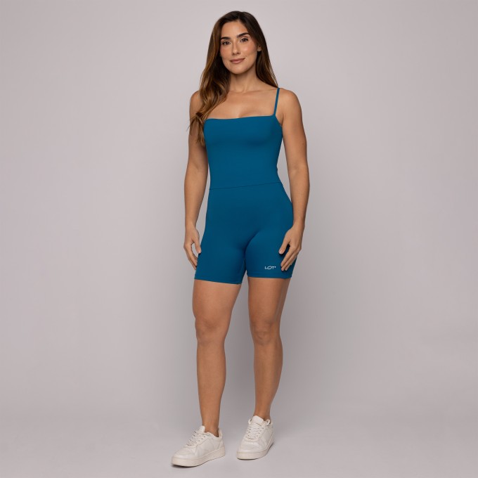 Macaquinho Poliamida Azul Precioso Fitness Feminino de Alcinha