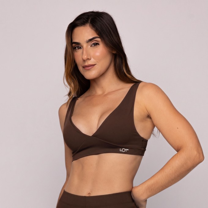 Top Poliamida Fitness Decote V Costas Aberta Café Torrado